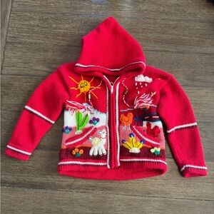 Kids Red Hooded Sweater with Embroidered Design